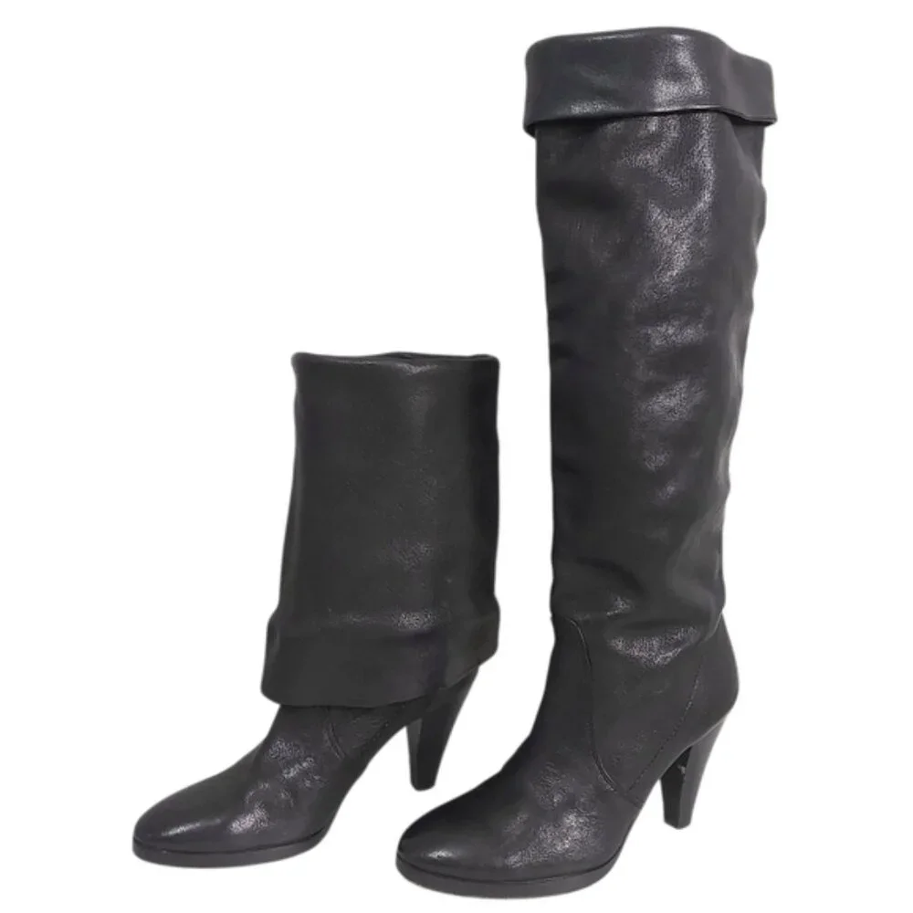 Michael Kors Women Slouchy Foldable Knee High Heeled Boots Size 7  Black Leather